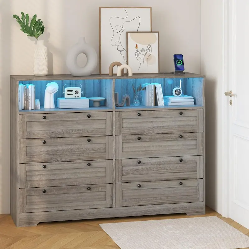 Modern Wood Dresser with 8 Drawers, Bedroom Dresser with Charging Station & LED Lights