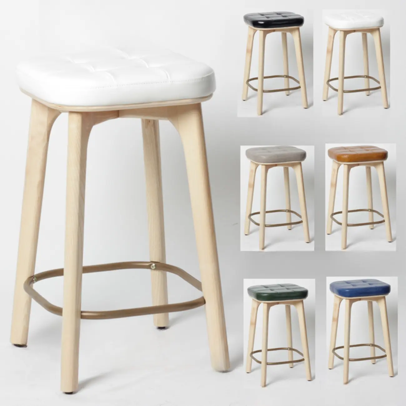 Scandinavian Wood Tufted Leatherette Bar Stools Backless