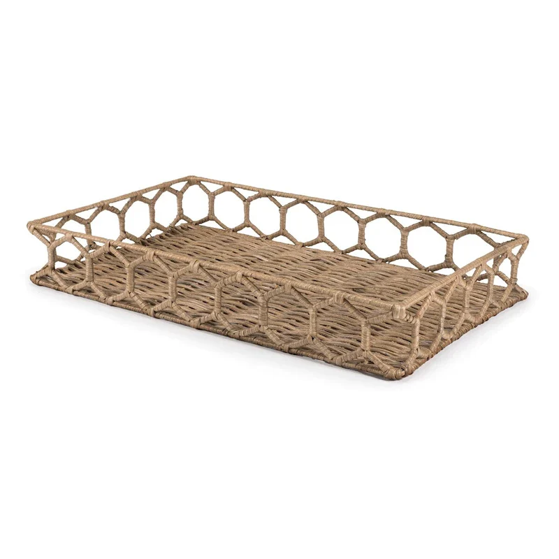 happimess Honeycomb 19.75  Rustic Bohemian Hand-Woven Rattan Tray, Natural