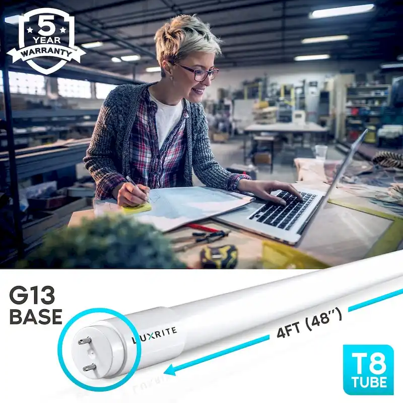 Luxrite 4FT T8 LED Tube Light, Ballast and Ballast Bypass, 13W=32W, 1800 Lumens, Damp Rated 4 Pack