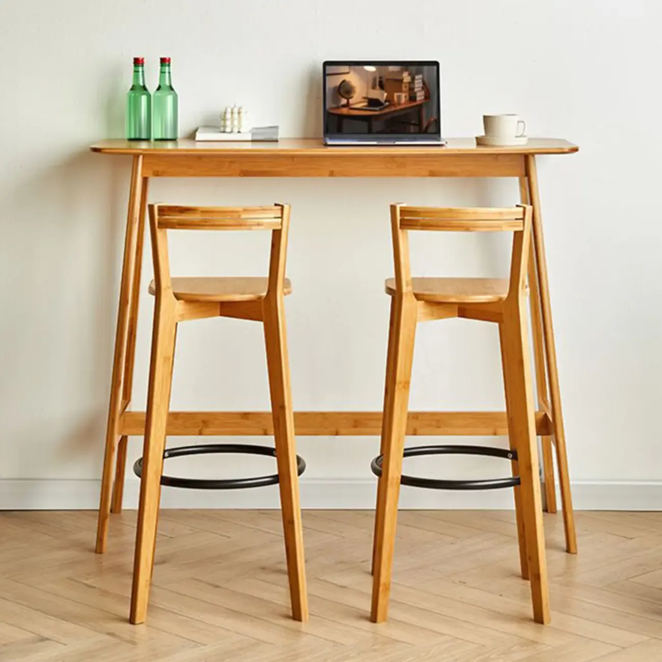 Modern Bamboo Bar Set with Footrest Stools