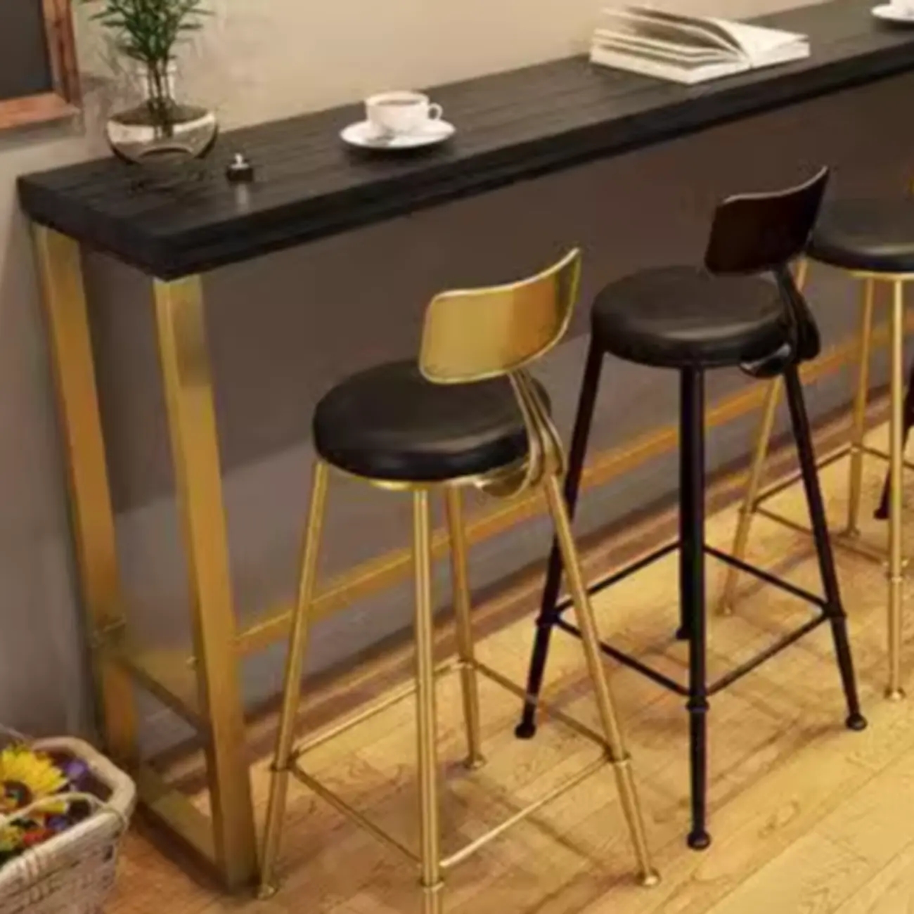 Luxurious Midnight Black Wood Gold Metal Leg Rest Bar Tables