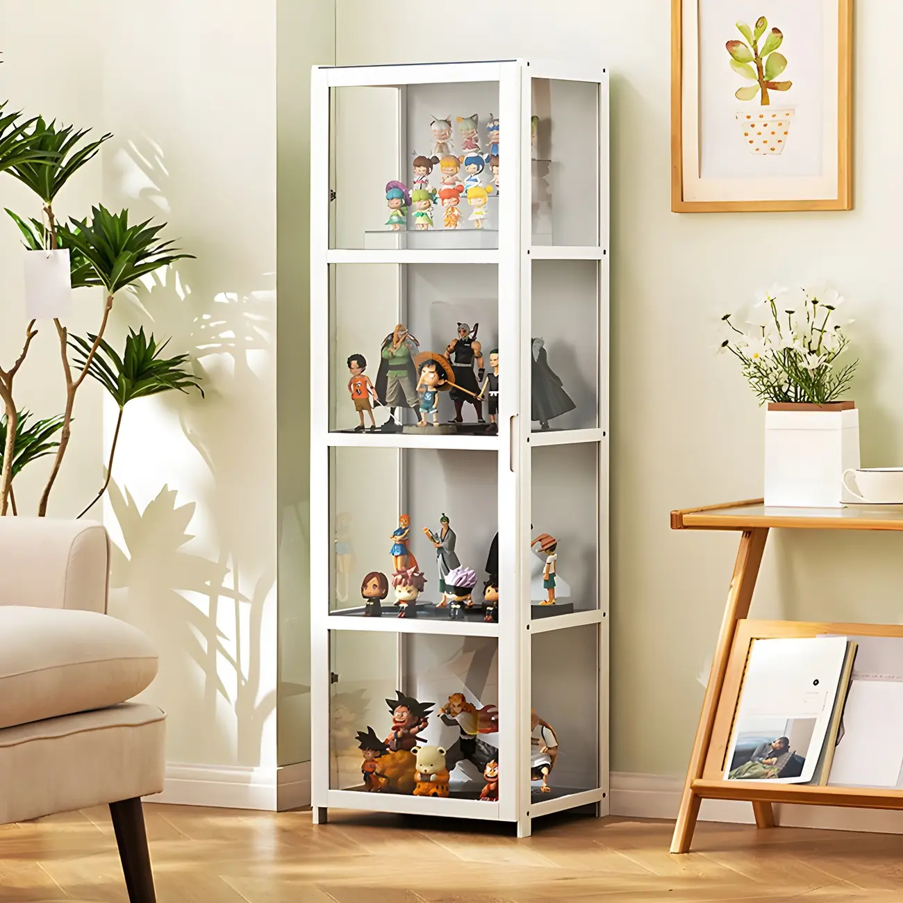 Modern White Bamboo Glass Display Cabinet for Figurines