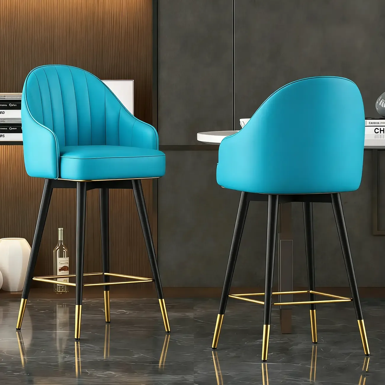 Art Deco Leather Swivel Bucket Cushioned Bar Stool