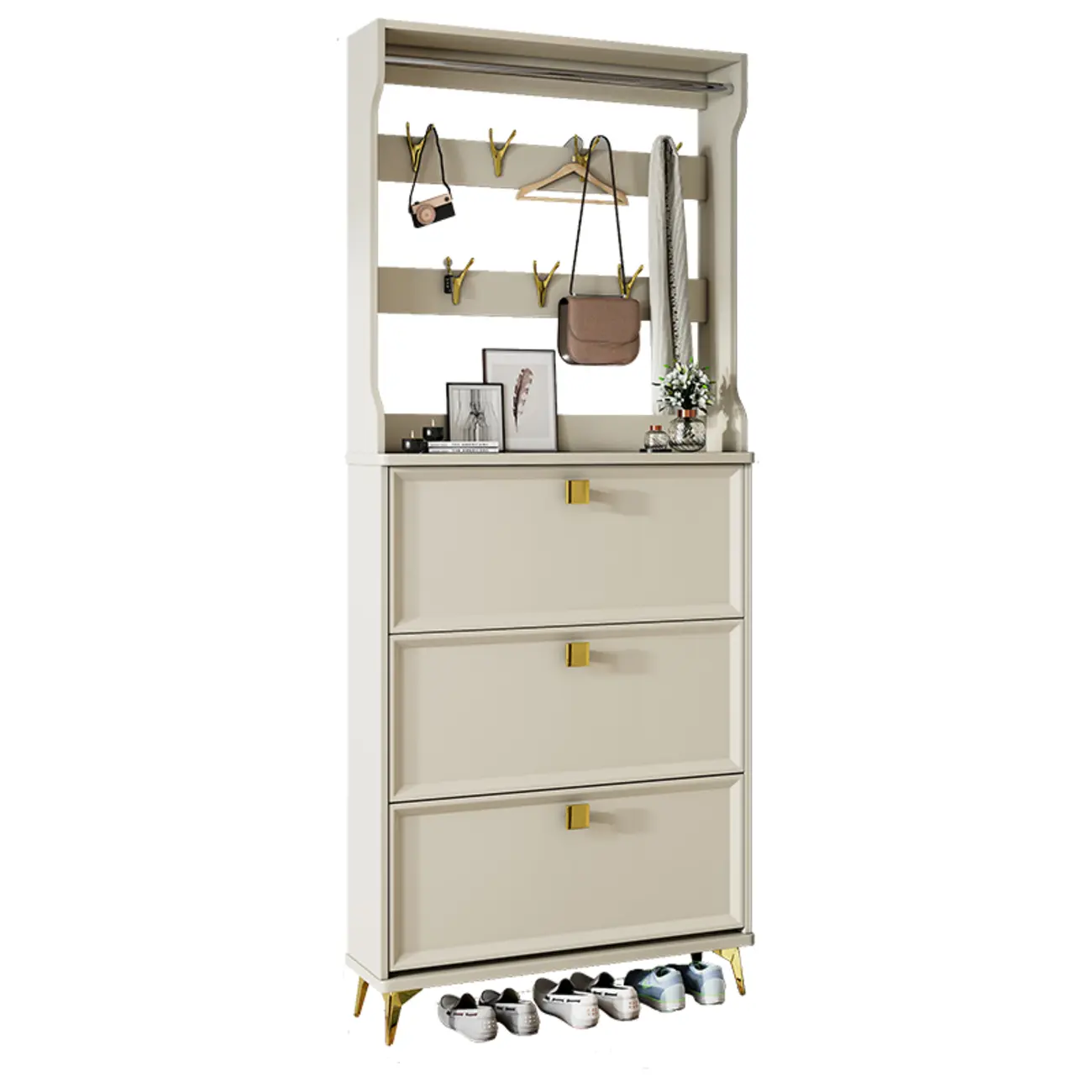 Drop-Front Adjustable Modern White Wood Narrow Shoe Cabinet