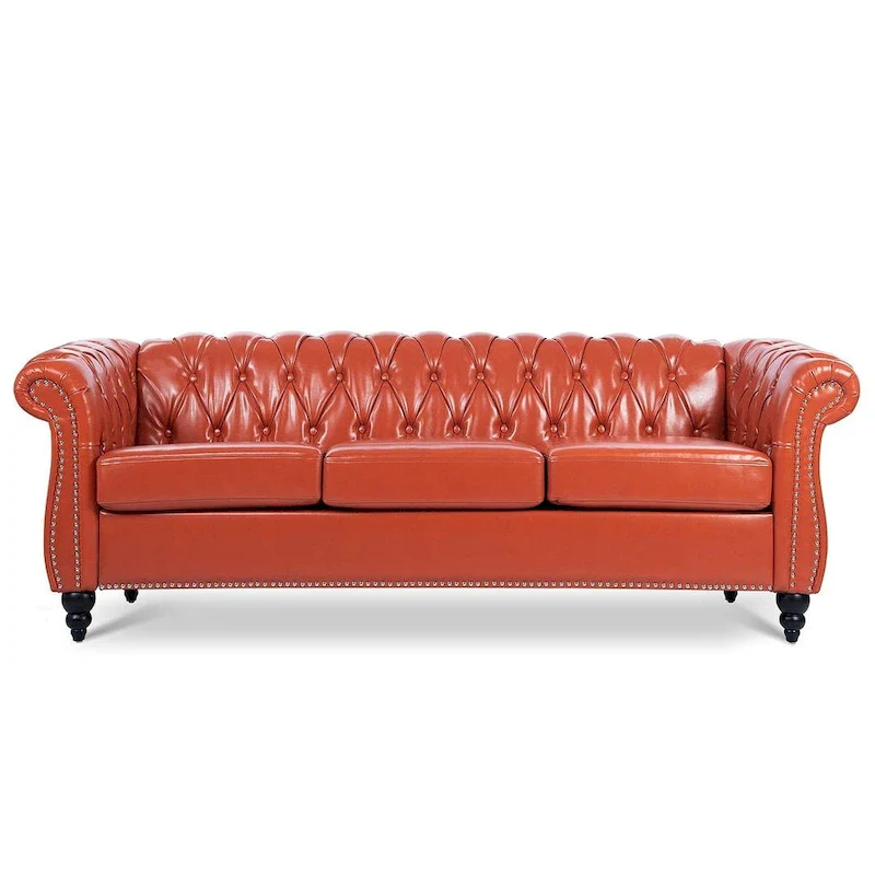 84.65 Chesterfield Tufted Faux Leather Sofa with Rolled Arms