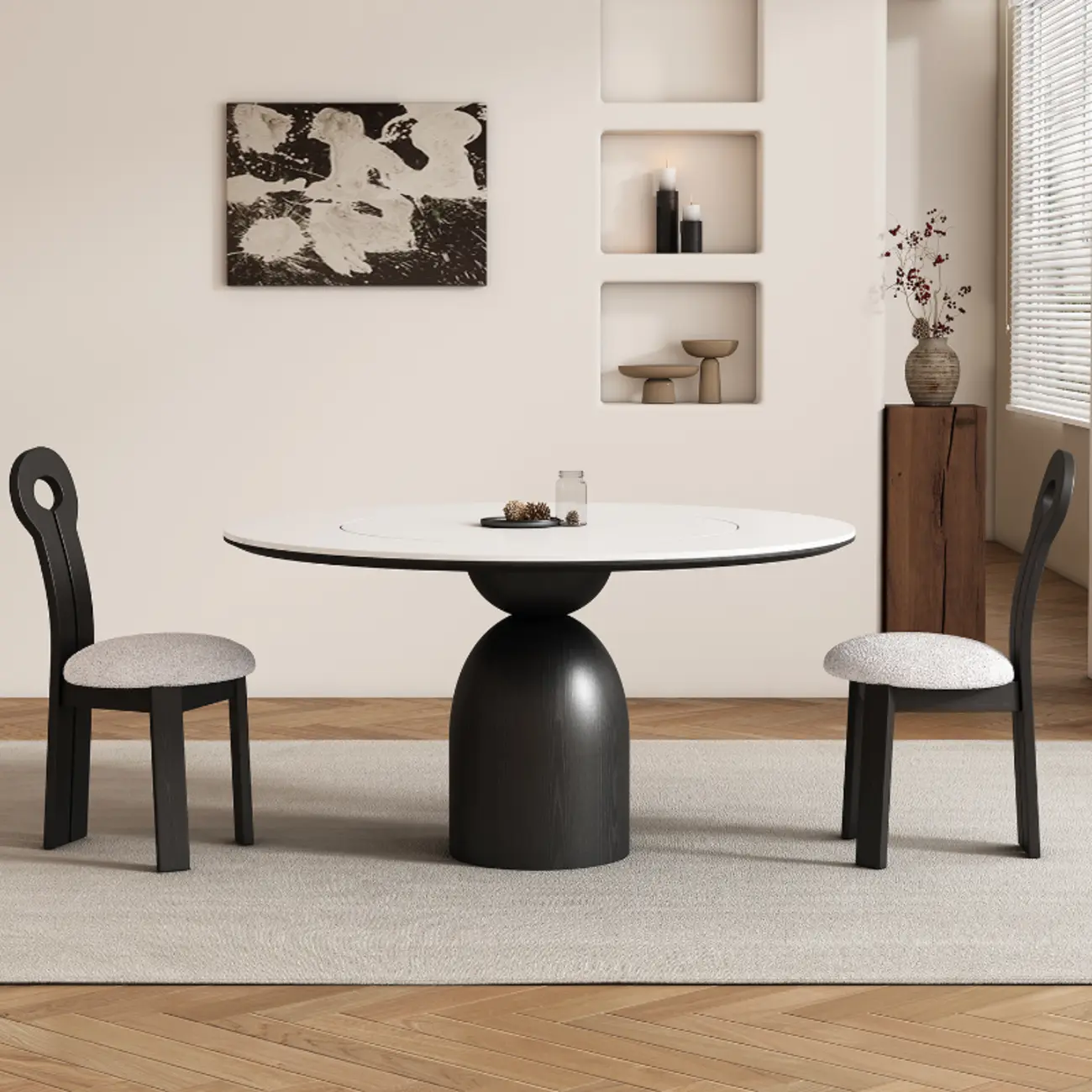 Simple Black Wood Round Stone Dining Table