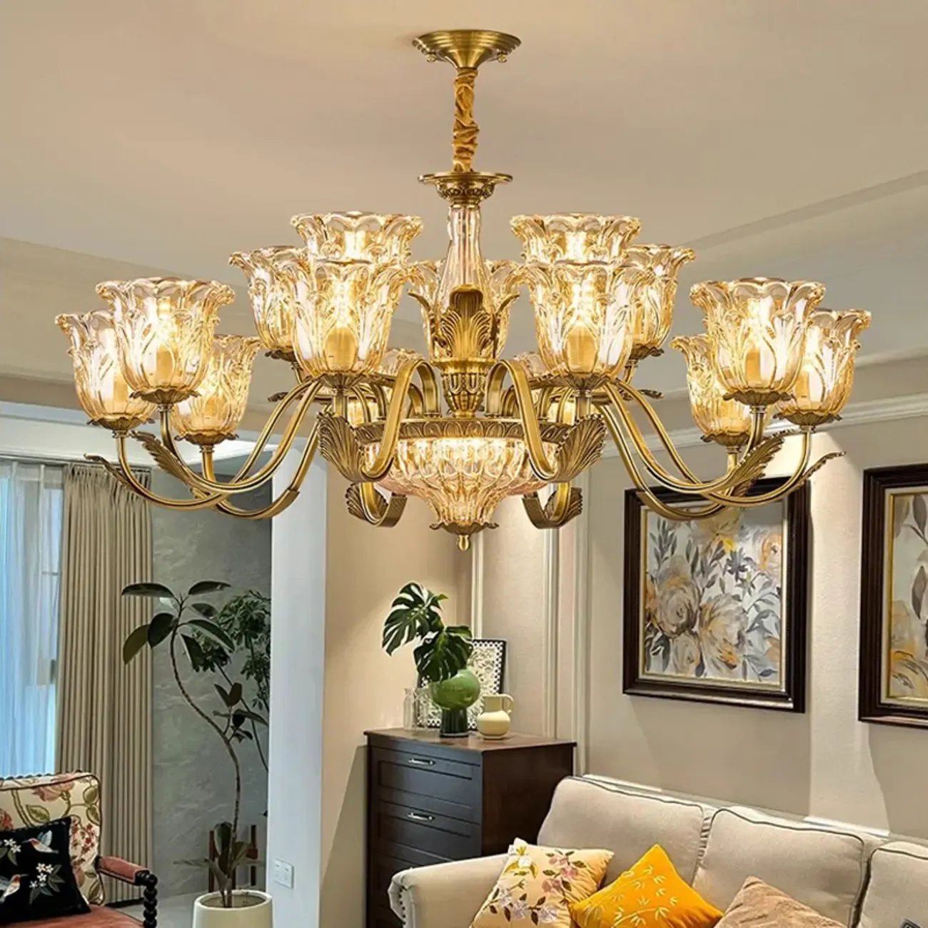 Gold Floral Glass Crystal Linear Modern Chandelier