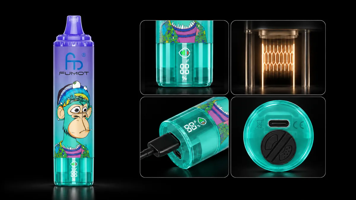 FUMOT Tornado 15000 Blueberry On Ice – Detailansichten von Display, Heizsystem, USB-C-Anschluss und Luftregulierung