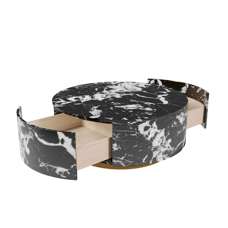 Modern Faux Marble Round Coffee Table Center Table with 2 Drawers, Fully Assembled