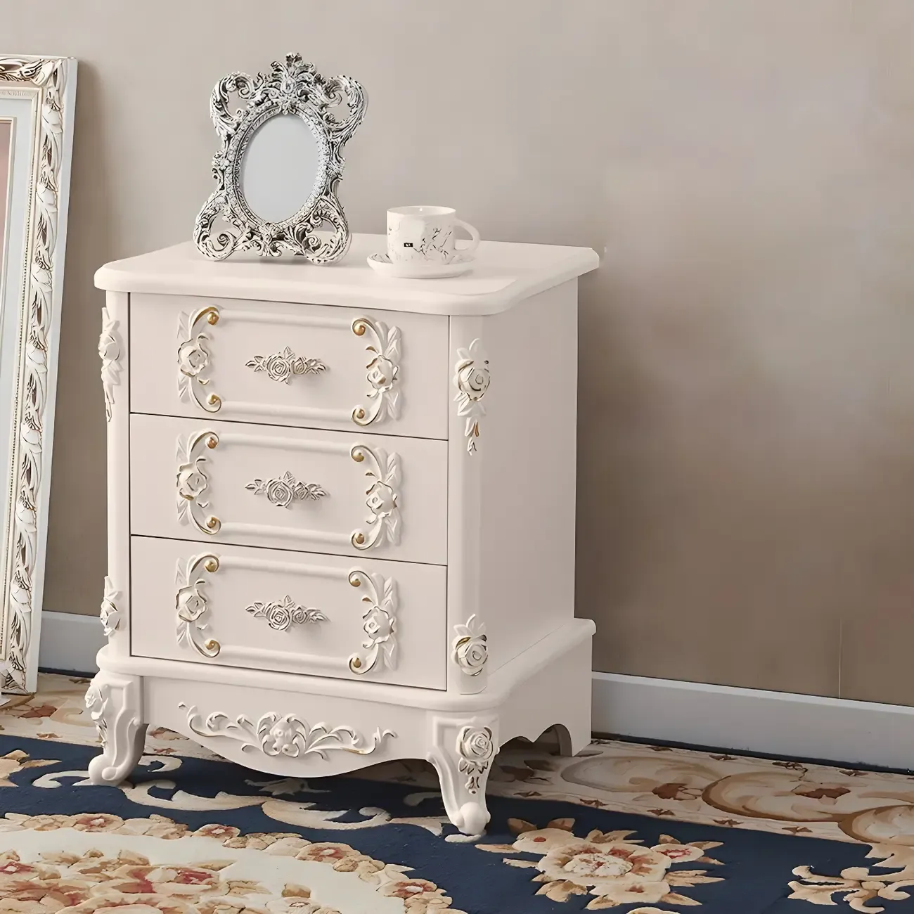 Traditional White Wood Carved 3-Drawer Nightstand