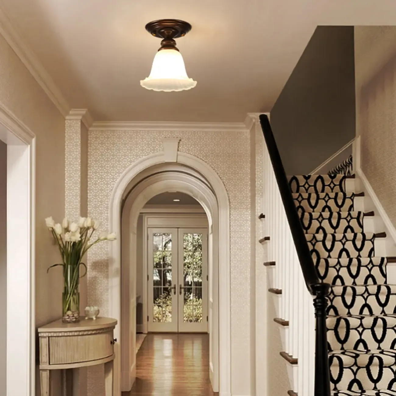 Vintage Brown Floral Frosted Glass Semi Flush Ceiling Light