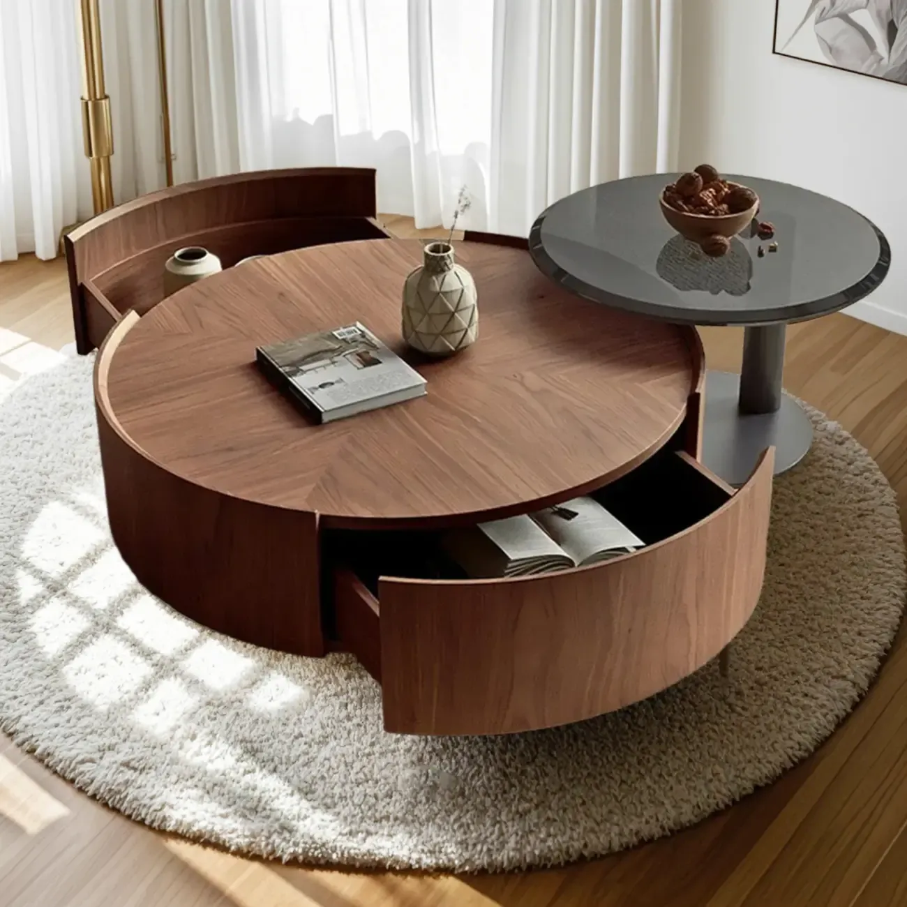 Modern Wooden Brown Round Nesting Coffee Table