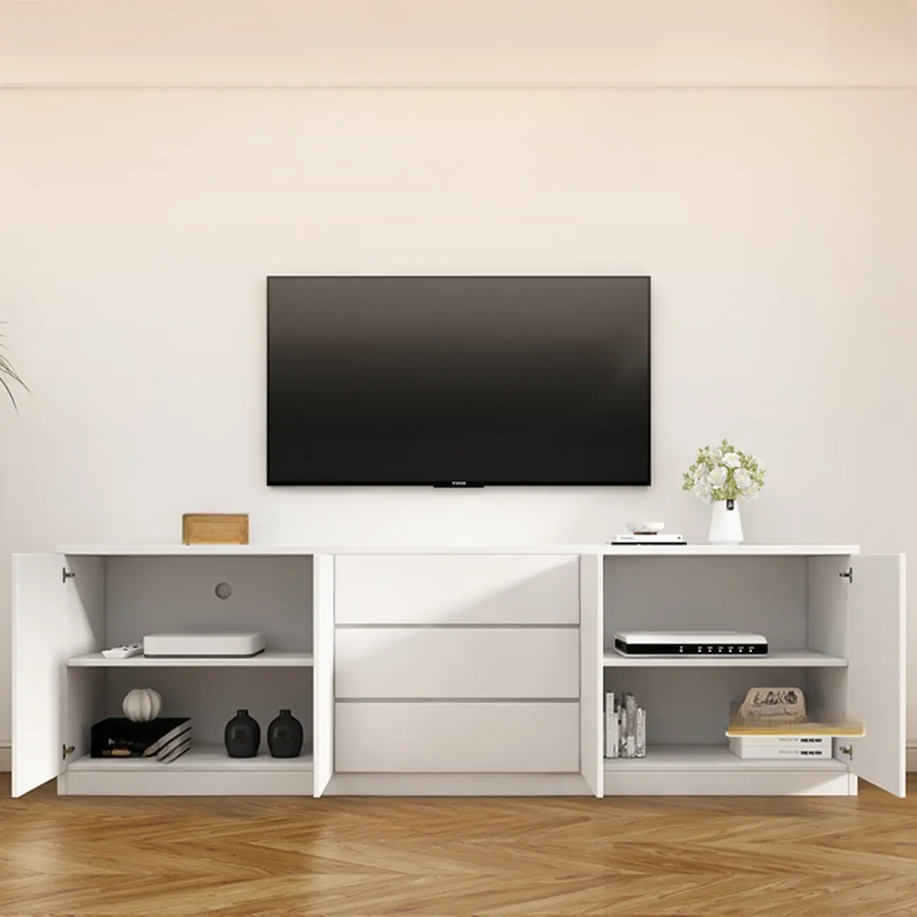 Modern Wooden TV Stand with Shelves and Cabinets
