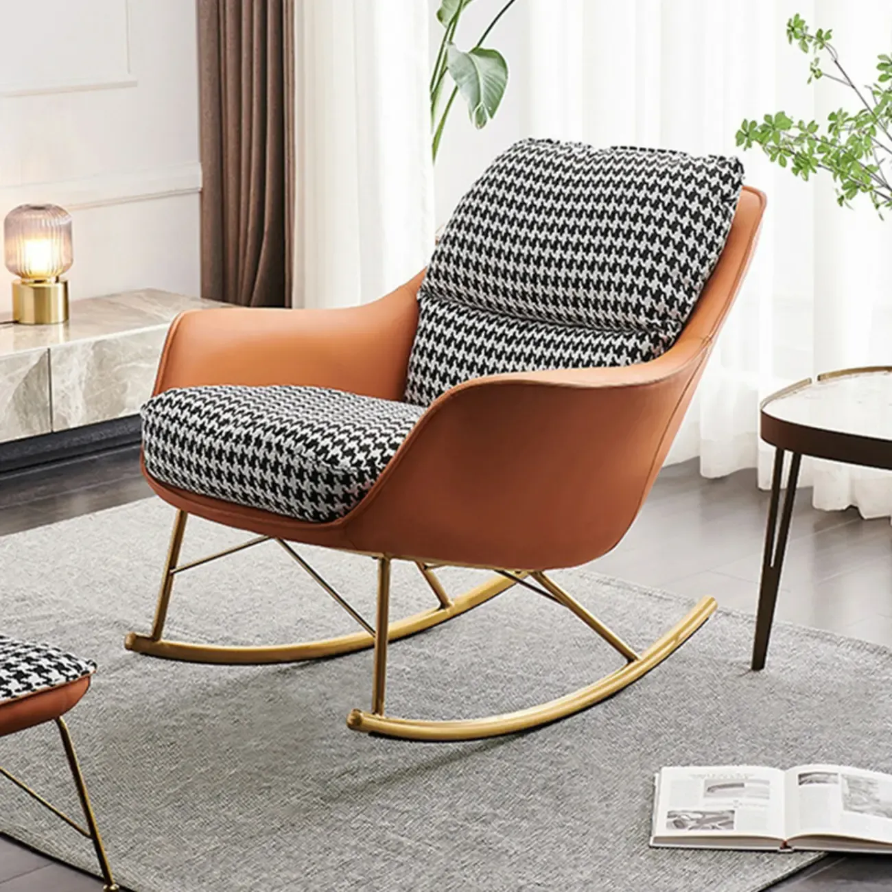 Houndstooth Upholstered Rocking Chair with Track Arm