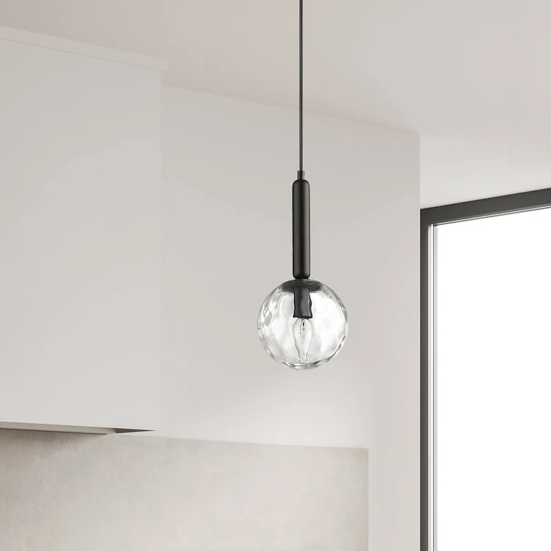 1 Light Incandescent Pendant, Matte Black with Clear Hammered Glass