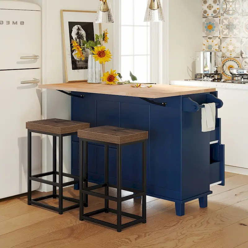 TOPMAX Kitchen Island Set with Drop Leaf and 2 Seatings, Dining Table Set with Adjustable Shelf, Drawers and Towel Rack