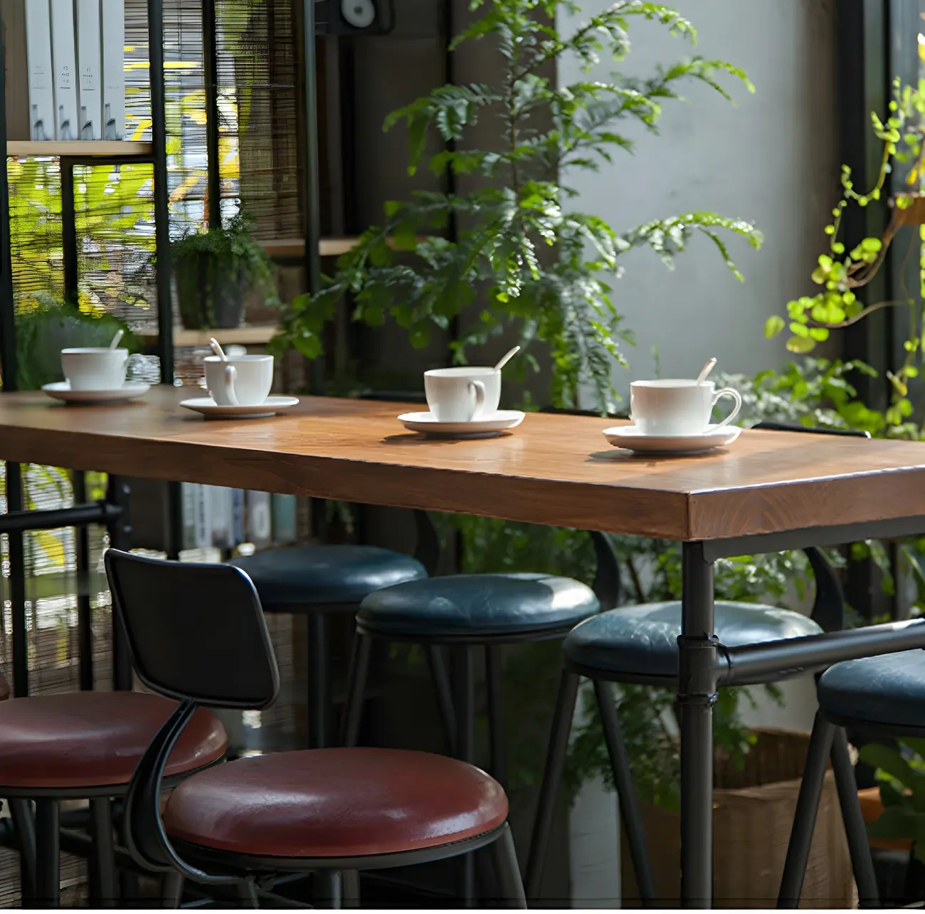 Industrial Brown Wood Black Metal Waterpipe Trestle Bar Tables