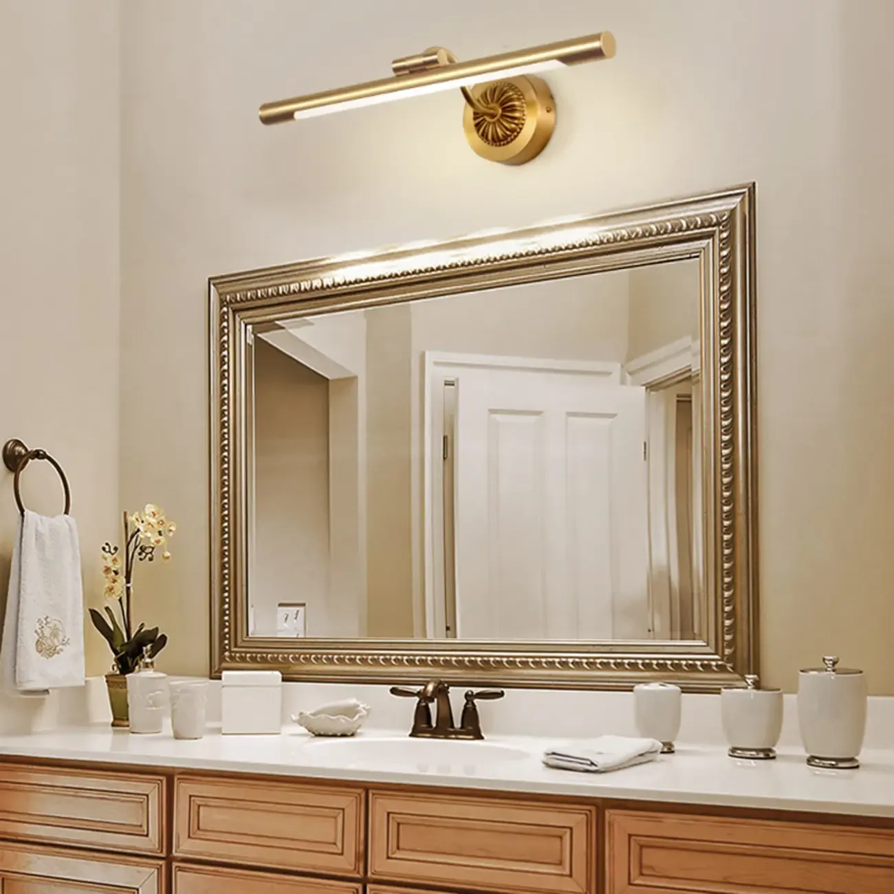 Gold Acrylic Cylinder Vanity Light with Arced Arm for Bathroom