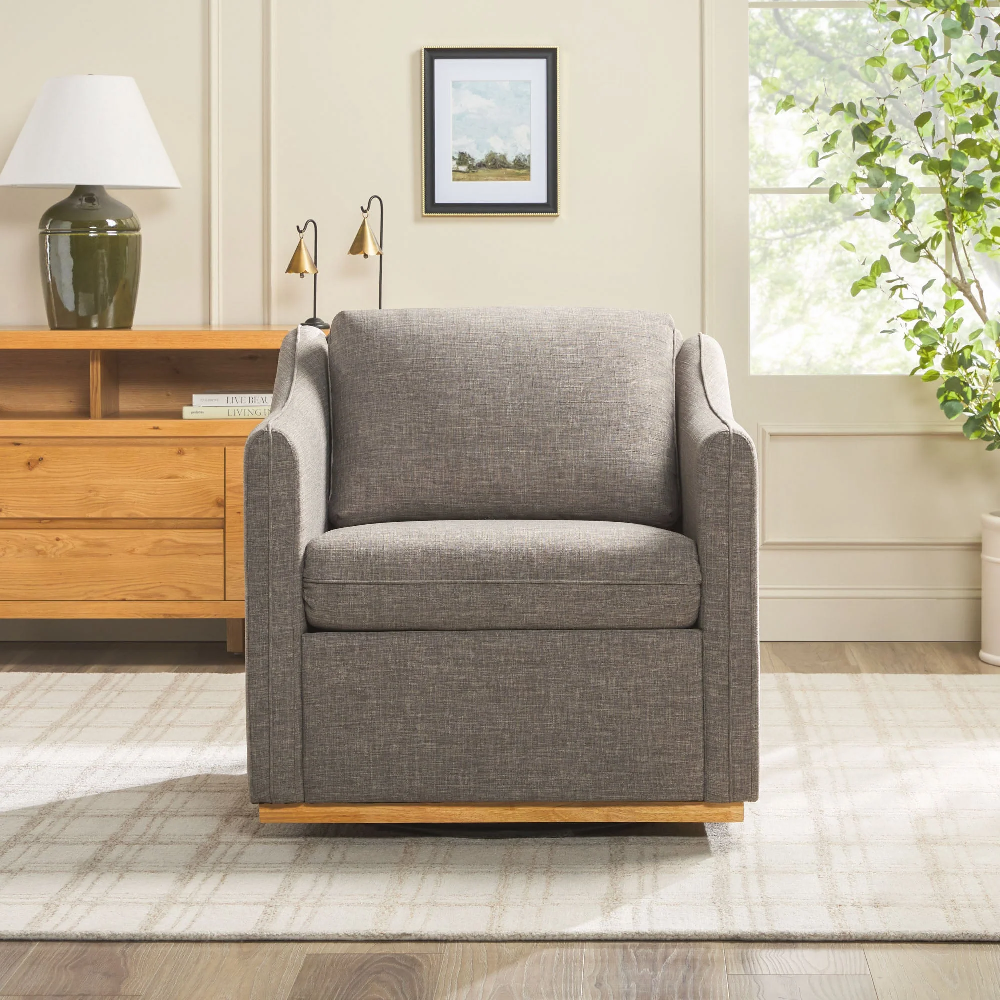 Nash Modern Farmhouse Easy Assembly Linen Swivel Accent Chair