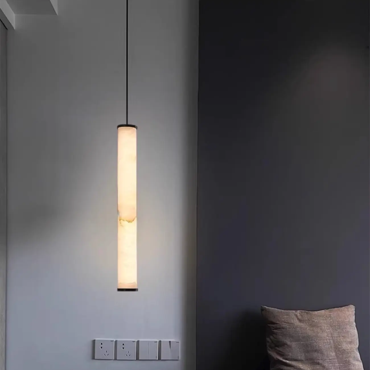 Modern Black Metal Alabaster Cylinder LED Pendant Light