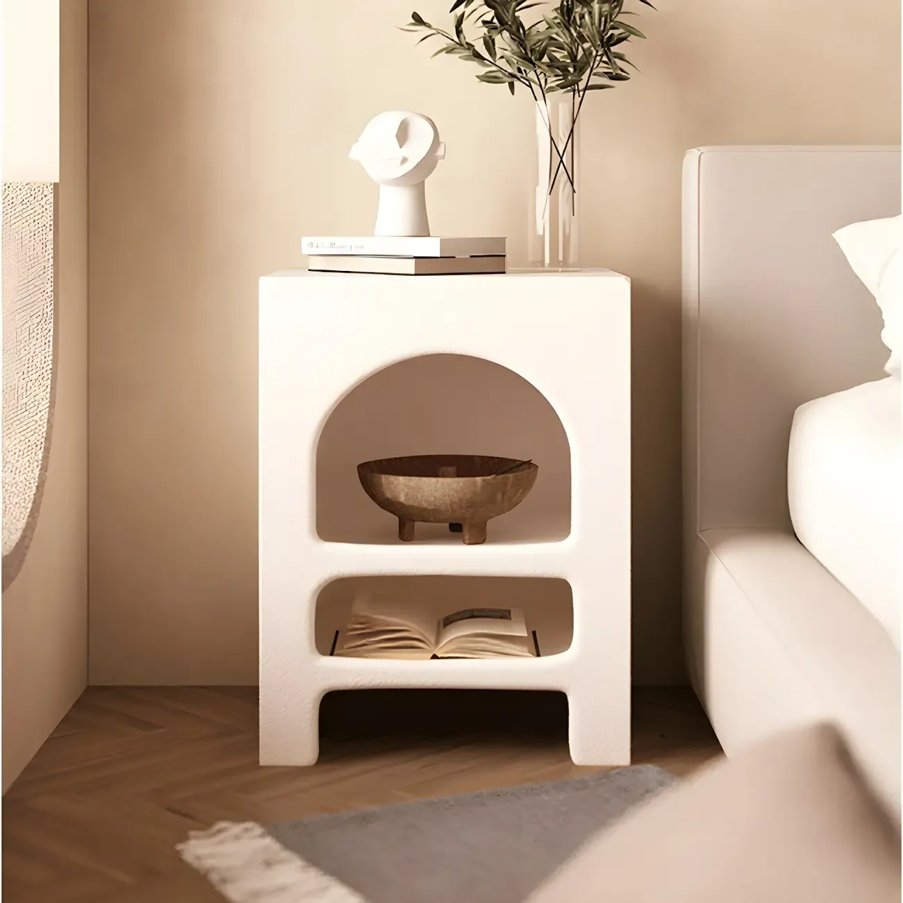 Rectangular White Wood Arched Open Storage Nightstand
