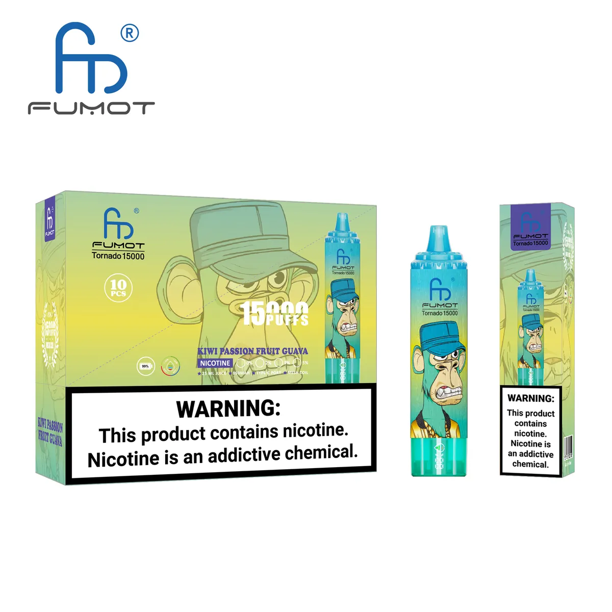 Fumot Tornado 15000 Kiwi Passion Fruit Guava – 10er-Displaybox mit Einweg-Vape und Einzelpackung