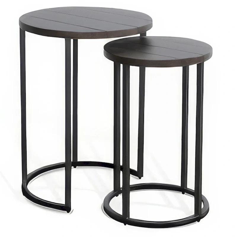 Flint 2 Piece Nesting Table Set, Dark Brown Mahogany, Black Metal Base