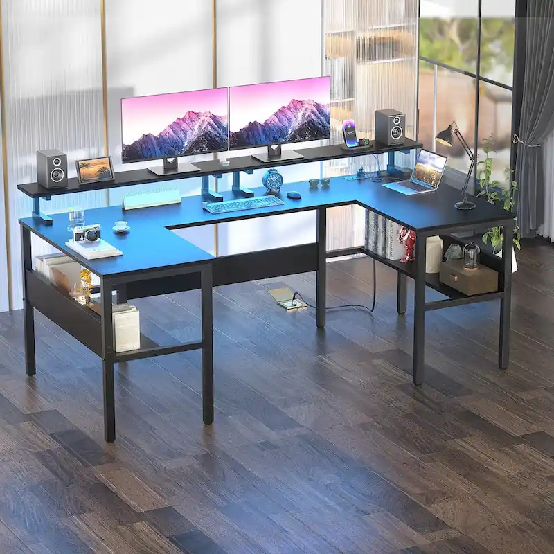 U-Shape Reversible Gaming Desk Monitor Computer Table with USB Ports and LED Lights