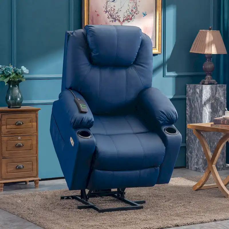 MCombo Large Power Lift Recliner Leather Chair with Massage, Heat, Cup Holders,Extended Footrest, Leather 7516