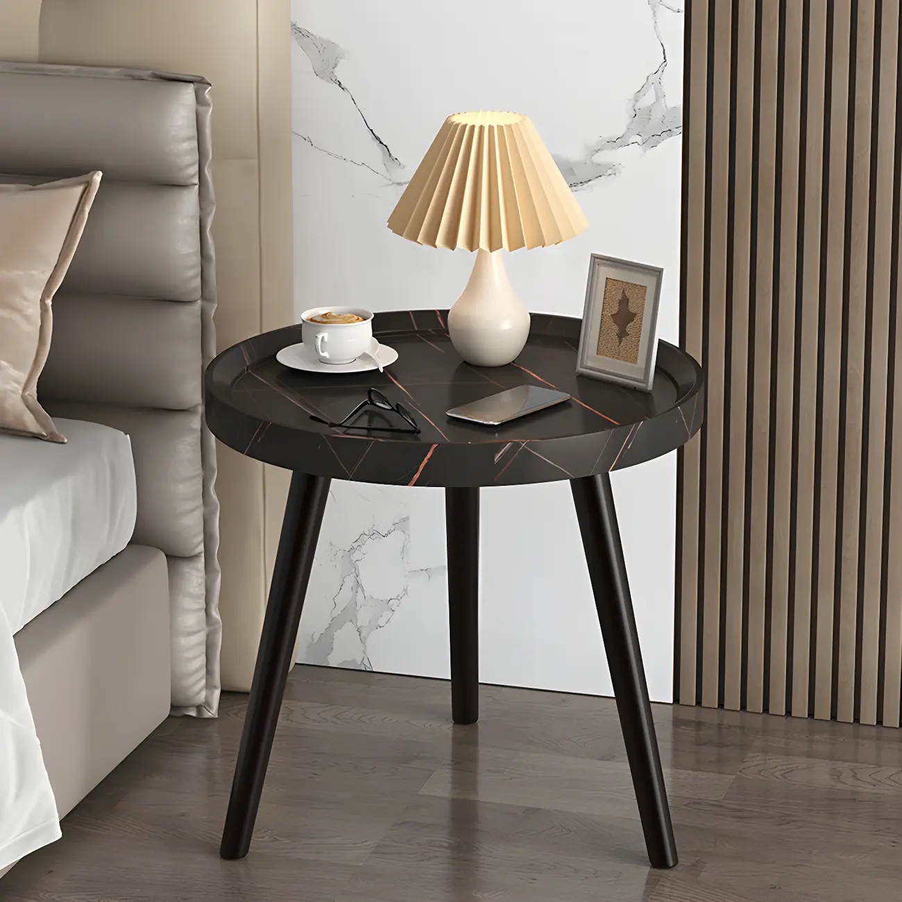 Natural Espresso Wood Small Round End Side Table with Tray Top & Shelf