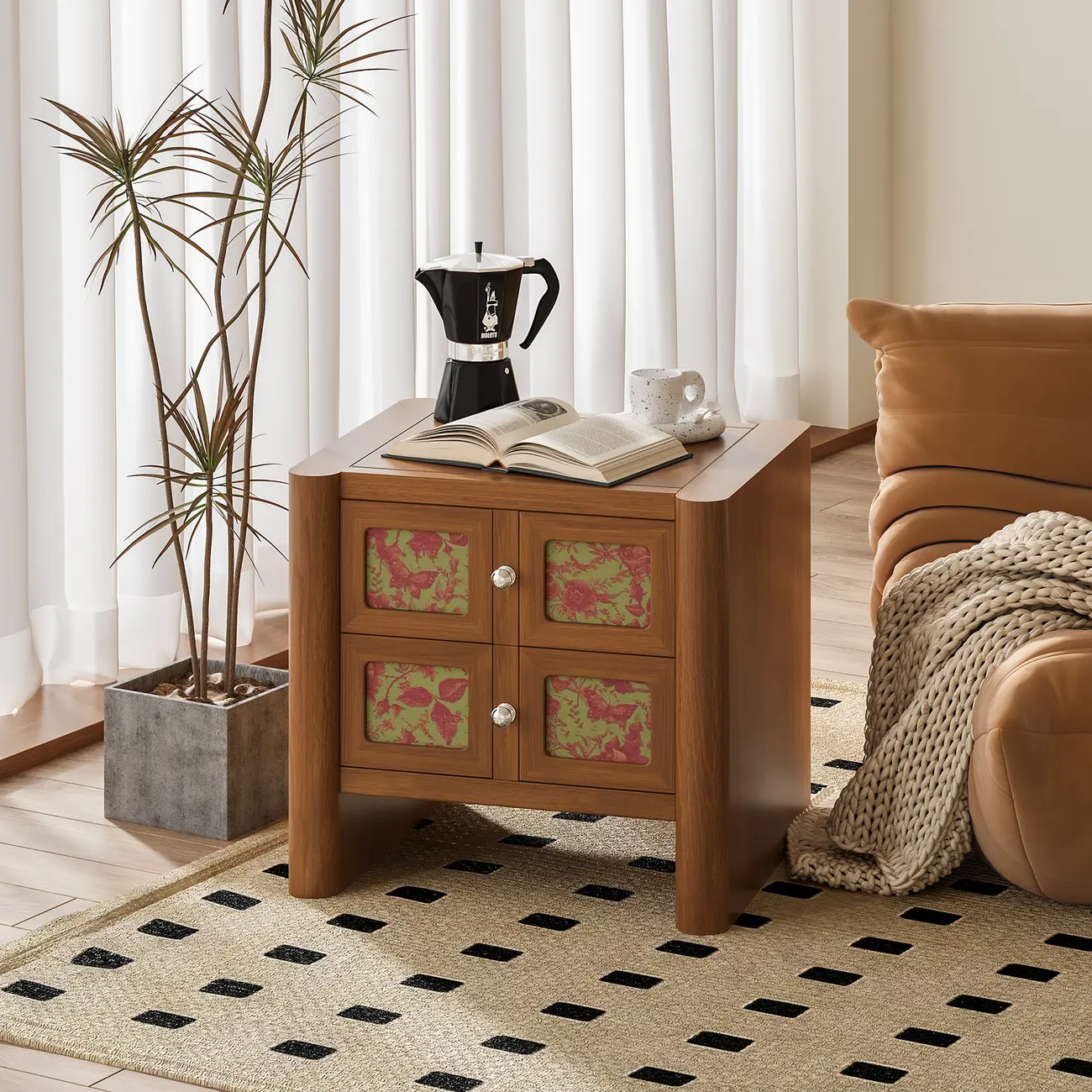 Vintage Solid Wood Artistic Floral 2-Drawer Nightstand