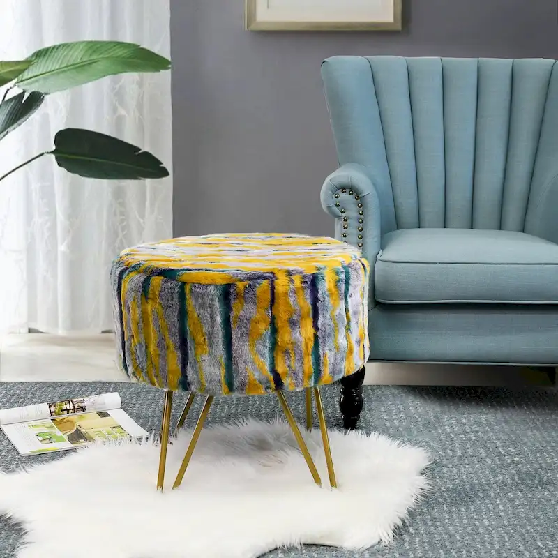 Home Soft Things Multi Jacquard Fauxfur Round Ottoman