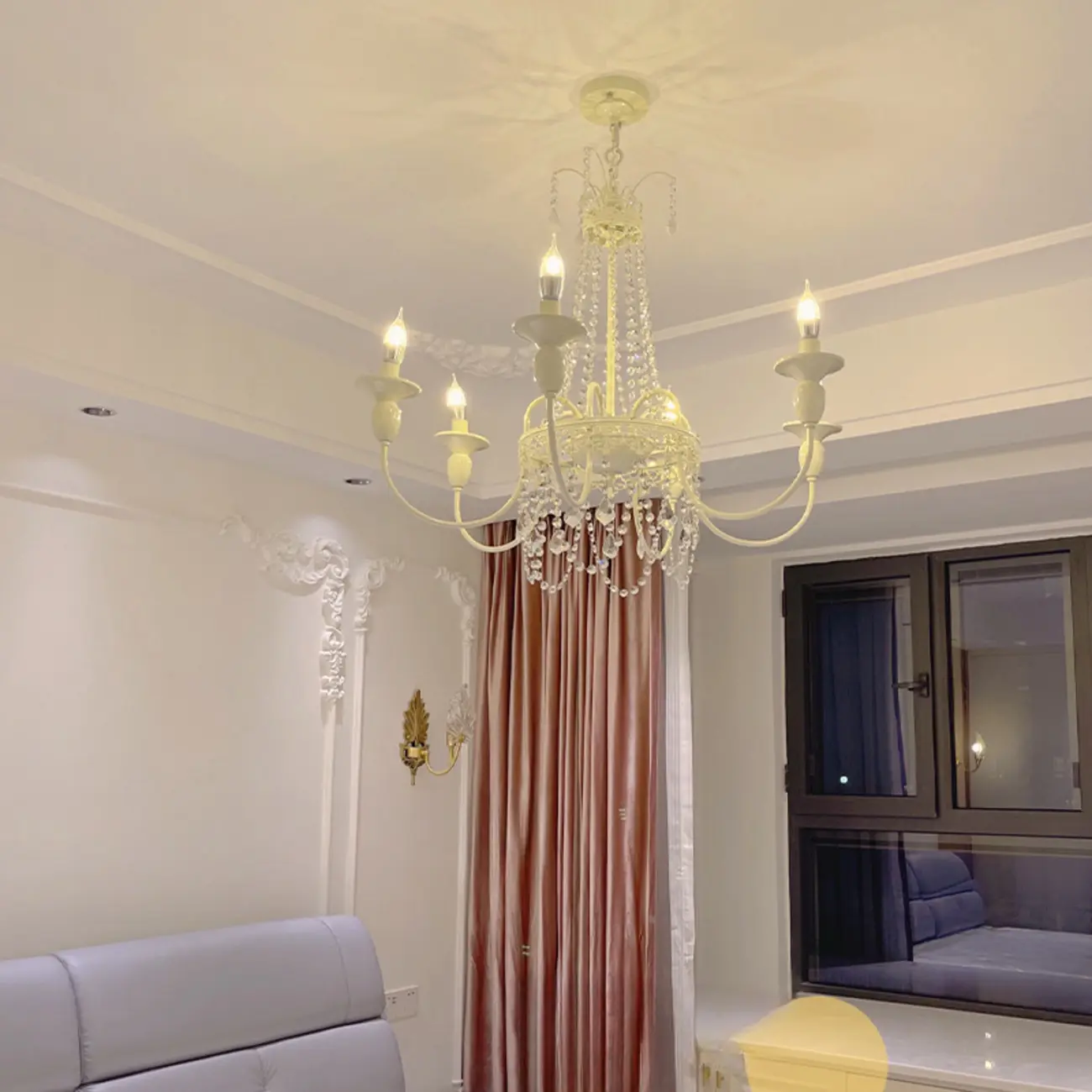 Crystal White Metal Crown Candelabra Chandelier