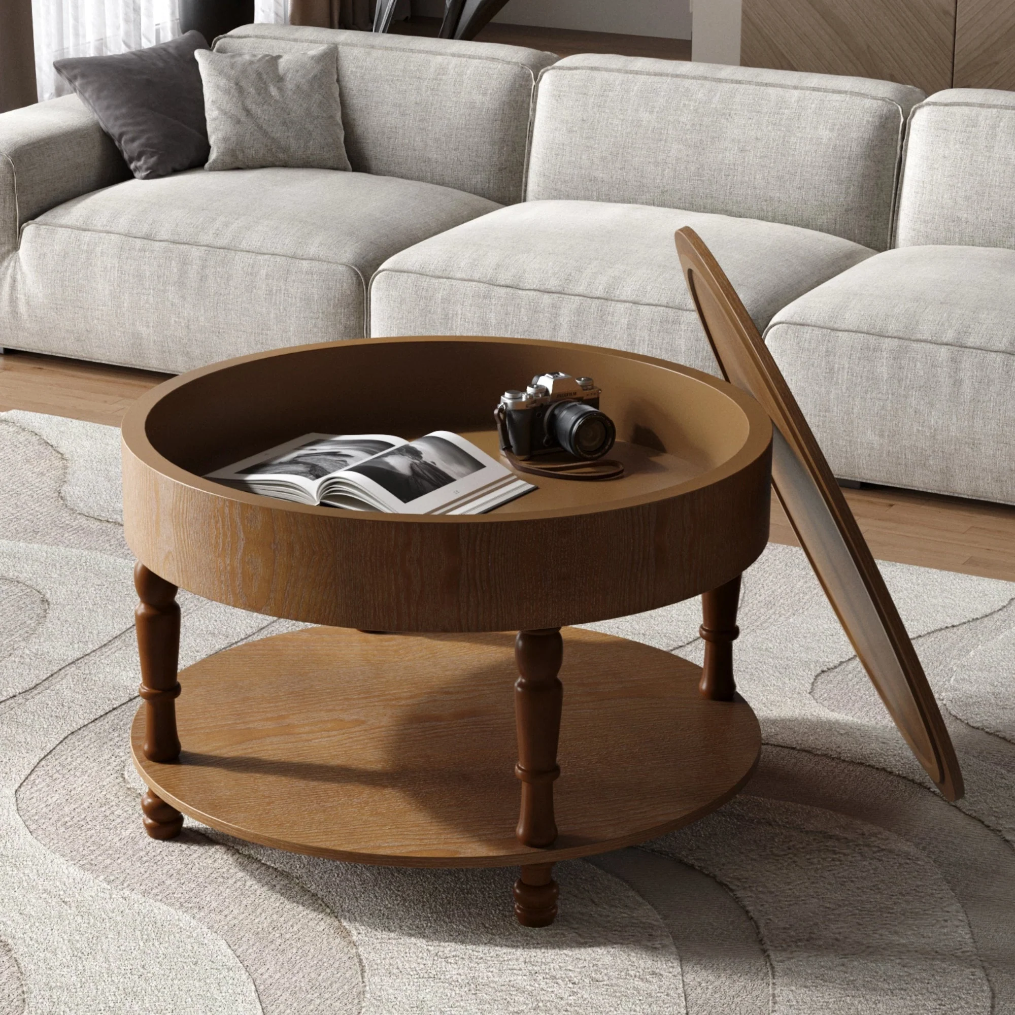 Walker Edison | Elevated Traditional 31.5' Round Coffee Table with Dual Storage