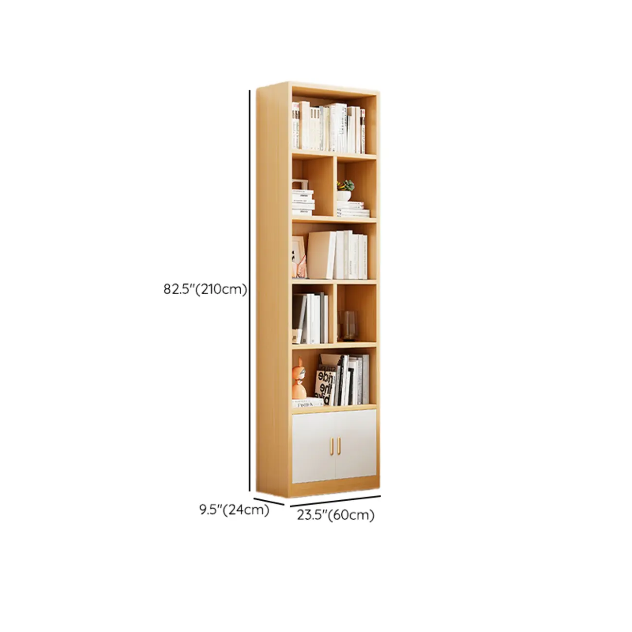 Natural Finish Narrow 6 Shelves Wooden Bookcase with Drawer