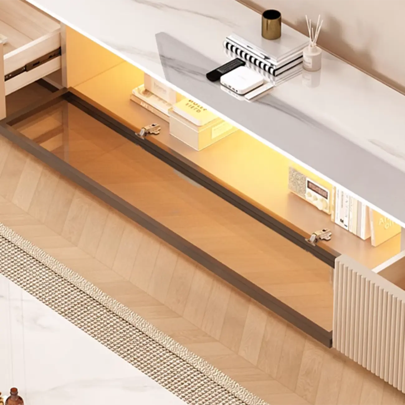 63 Champagne Long Stone TV Stand with Cable Management