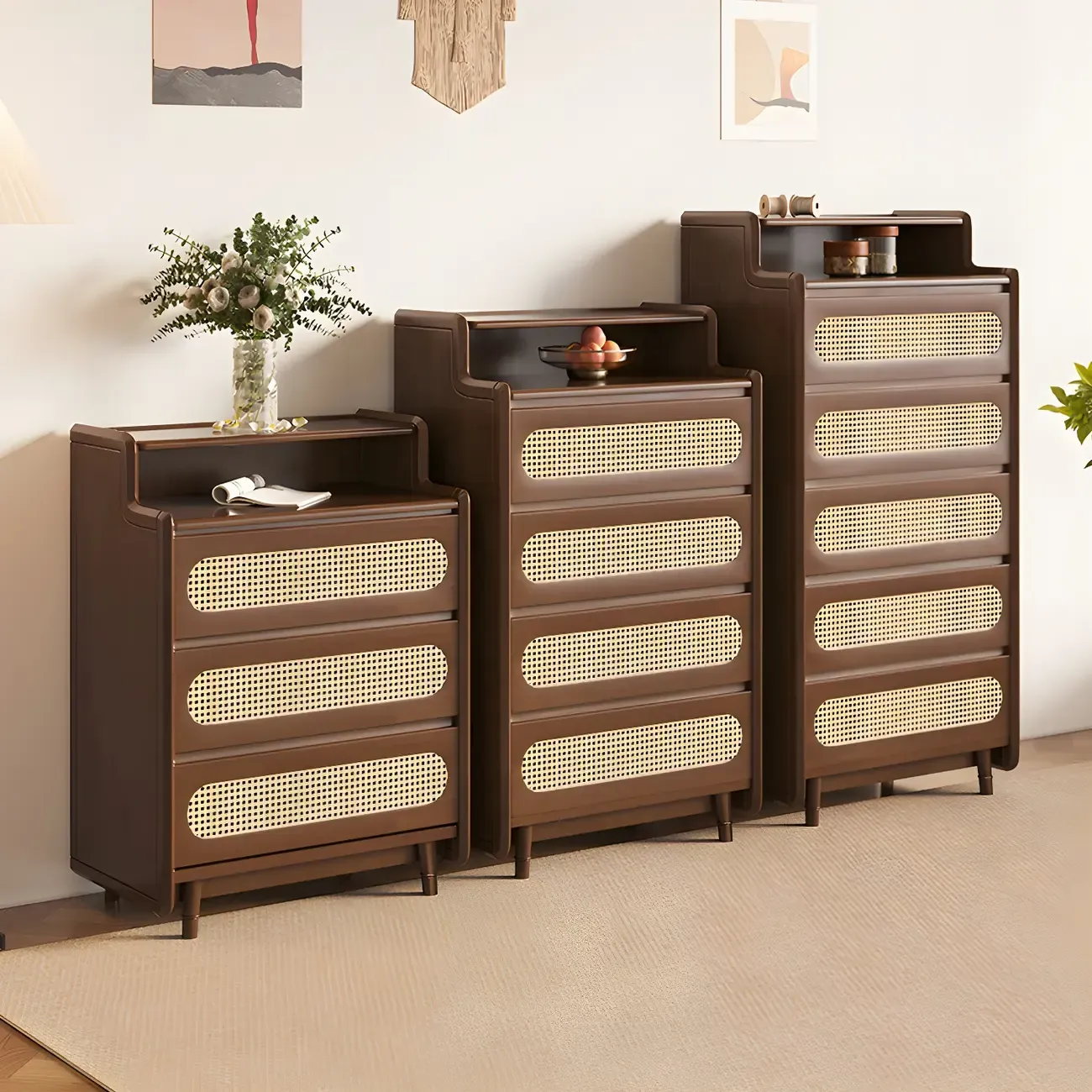 Brown Wood Rattan Front Accent Chest with Multi-Drawer
