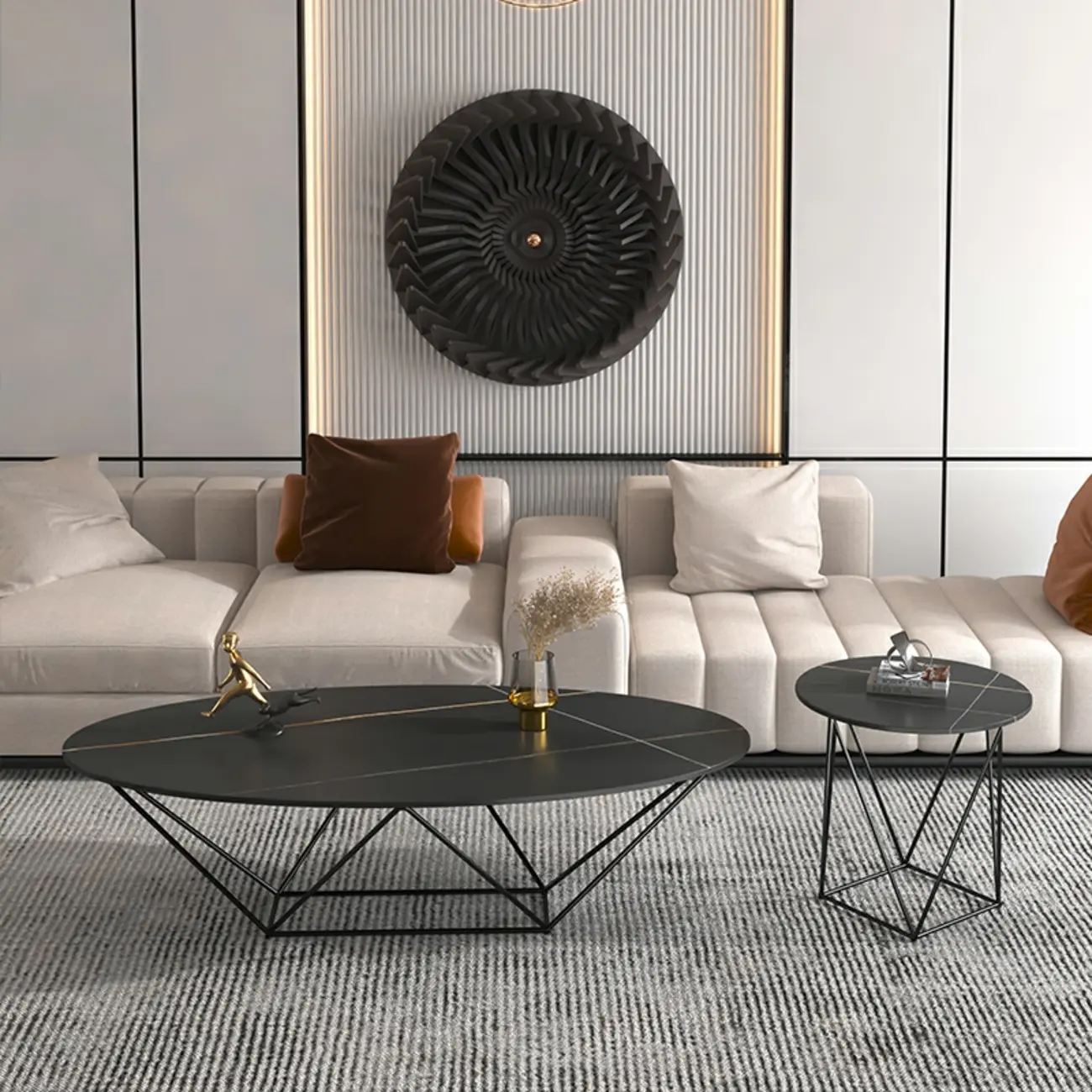 Stylish Metal Black Oval Coffee Table with Geometric Base