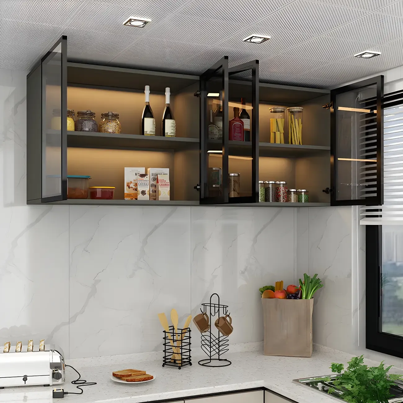 Grey Wood Floating Mount Glass Dooor Kitchen China Cabinet