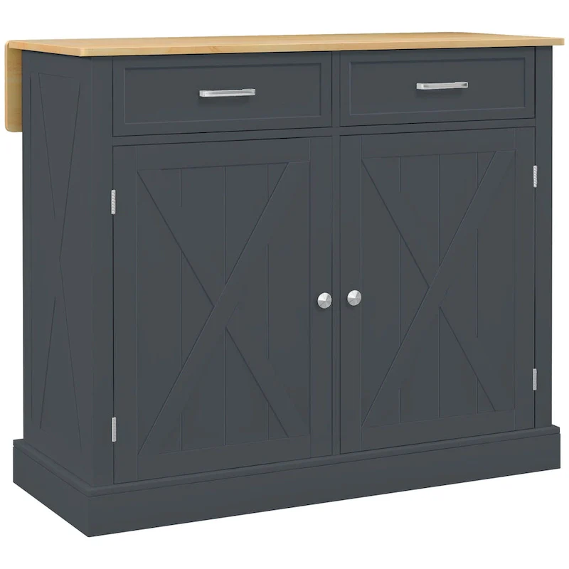 HOMCOM Rolling Kitchen Island with Drop Leaf Wood Breakfast Bar, Farmhouse Kitchen Cart with 2 Drawers, Dark Gray
