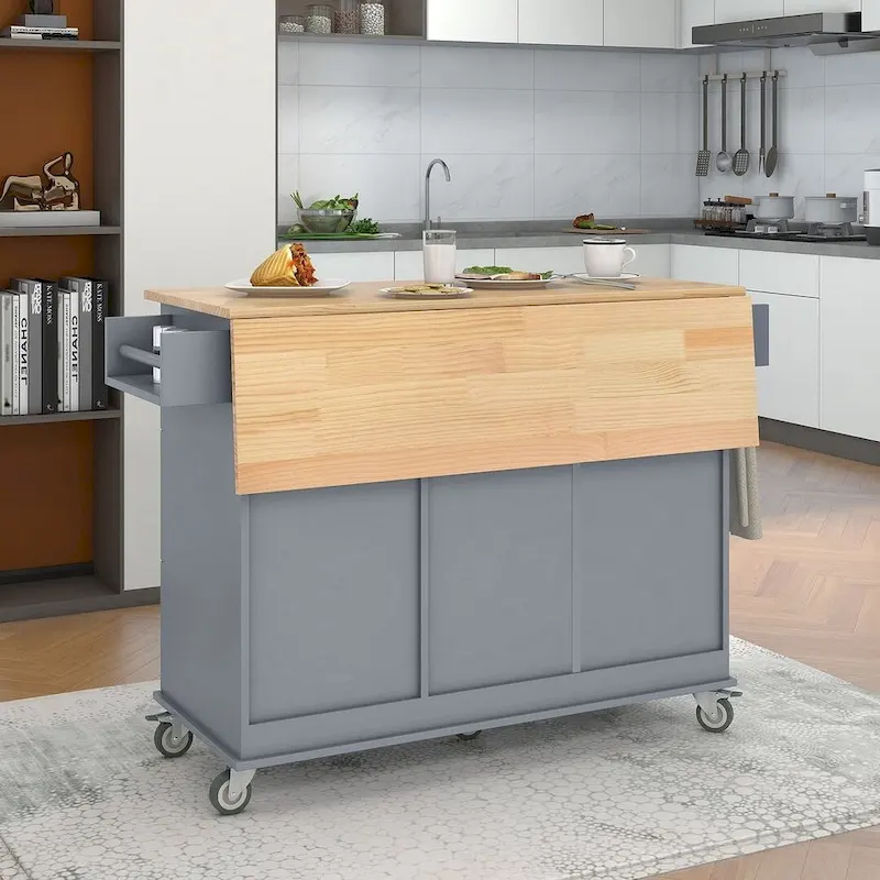 Rolling Mobile Kitchen Island with Wheels Drop Leaf, Solid Wood Top