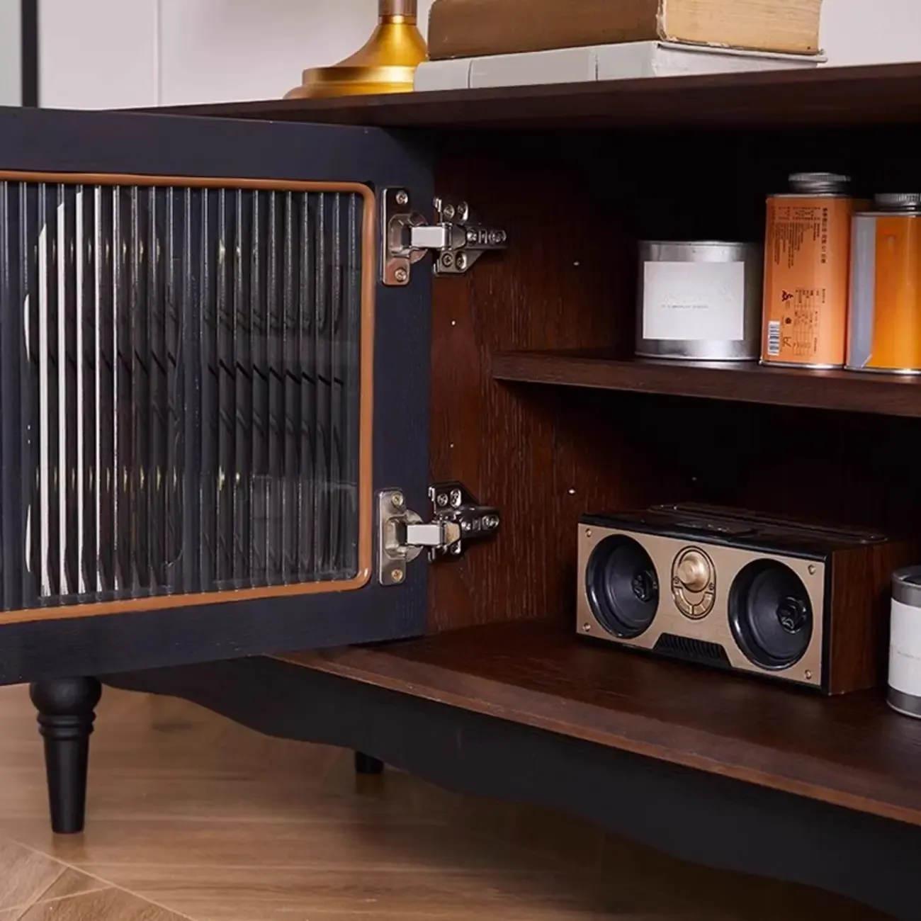 Cable Management Art Deco Wood TV Stand with Drawers