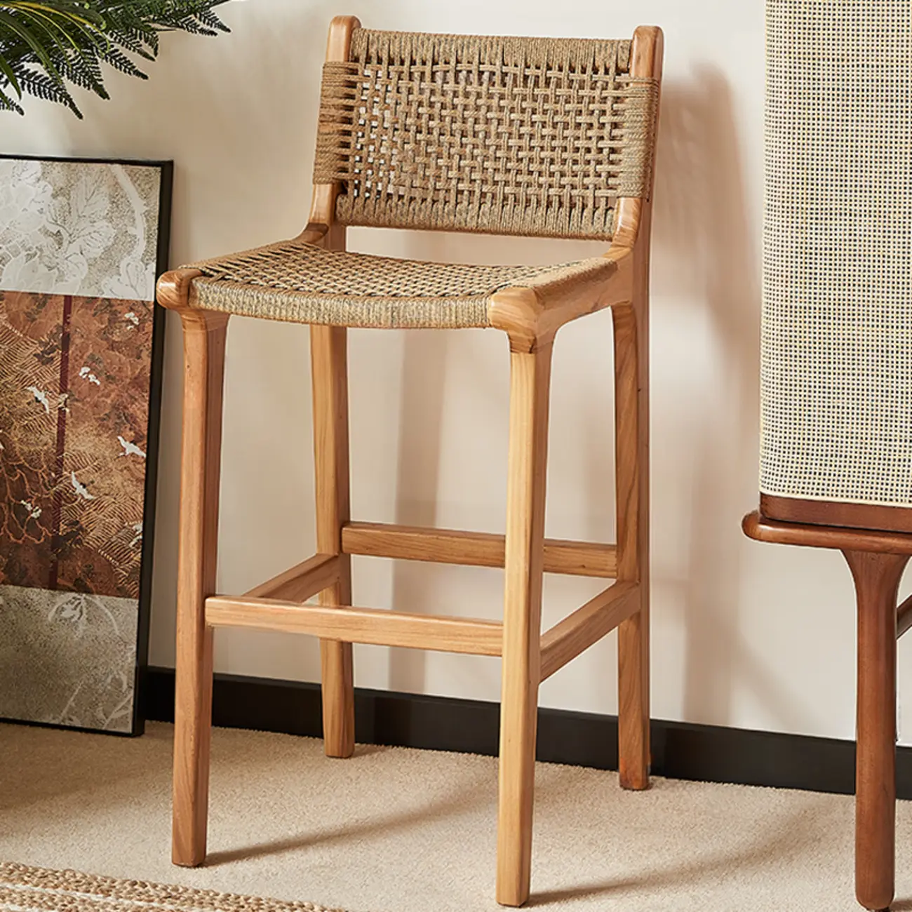 Scandinavian Wooden Ratten Bar Stool