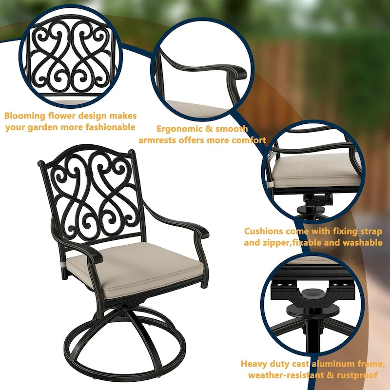 Patio Cast Alum Carved Swivel Dining Chairs with Cushions(Set of 2)