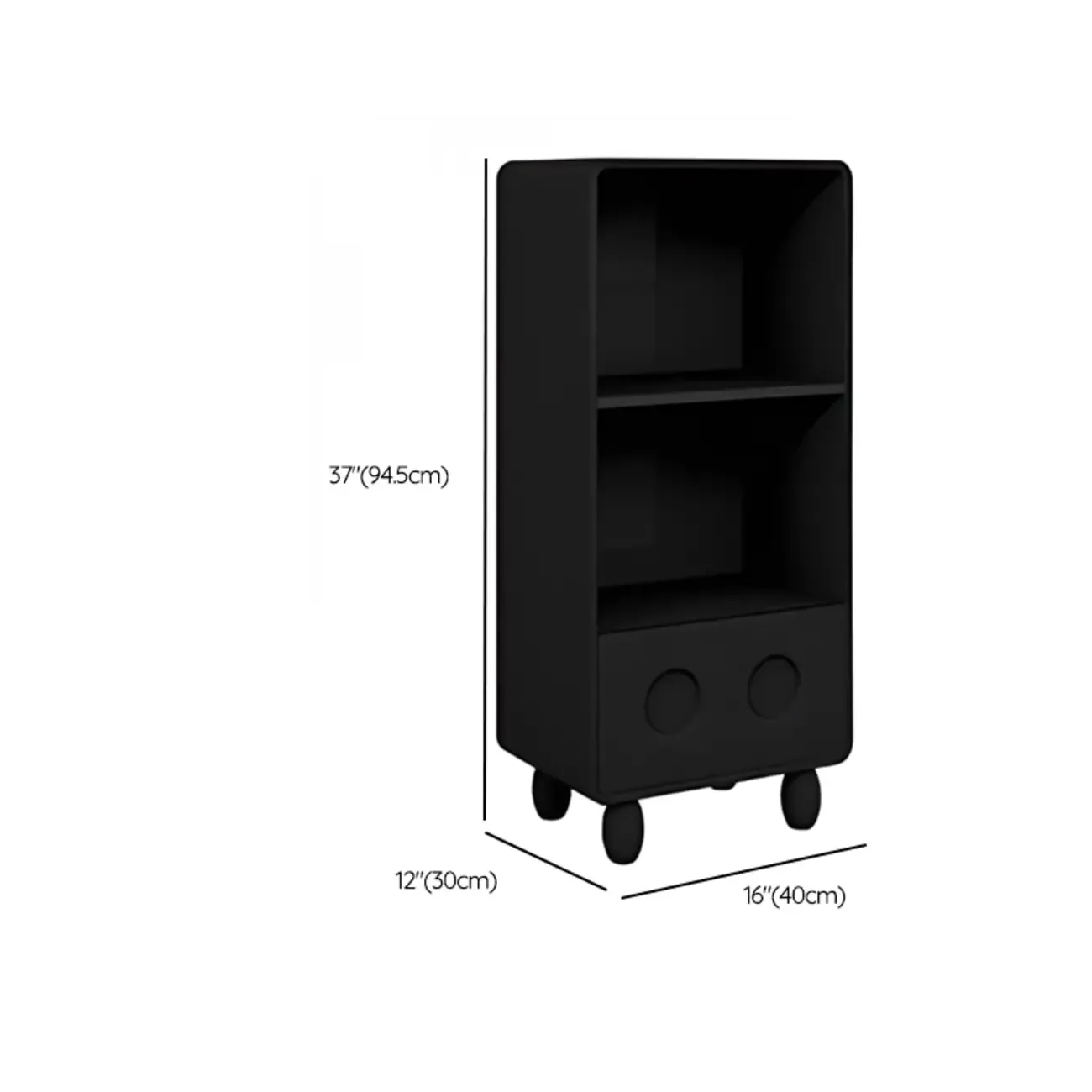 Narrow Black Wood 5-Tier Rolling Bookcase with Drawers