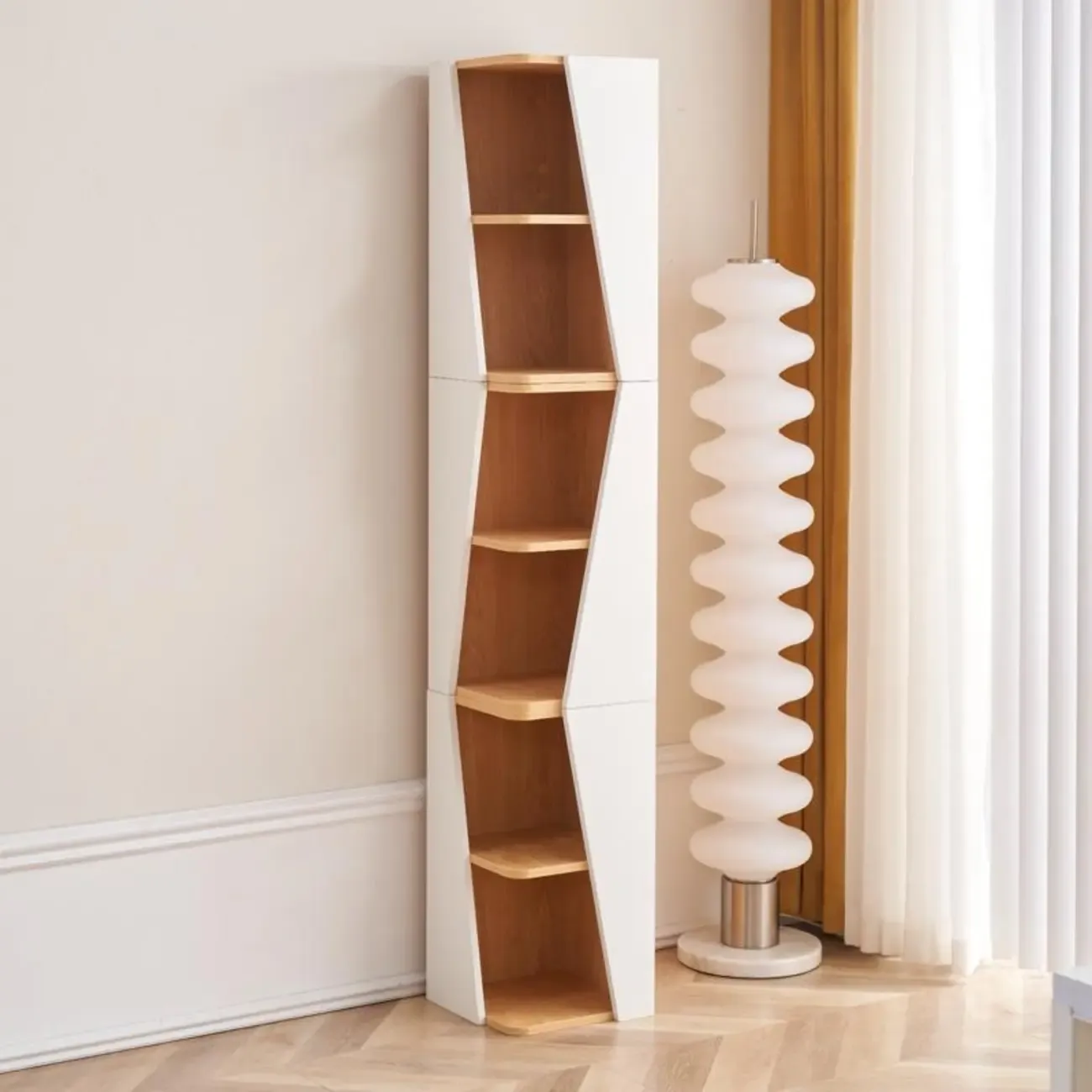 Modern White Natural Wood Geometric Square Storage Cabinet