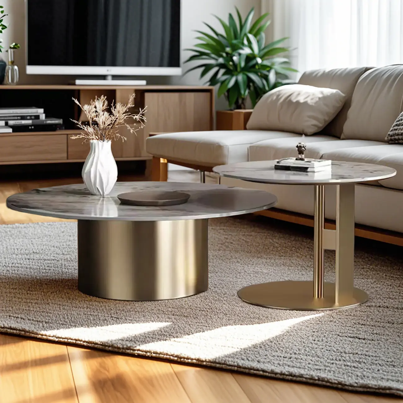 Modern Gray Round Nesting Coffee Table Set with Marble Top