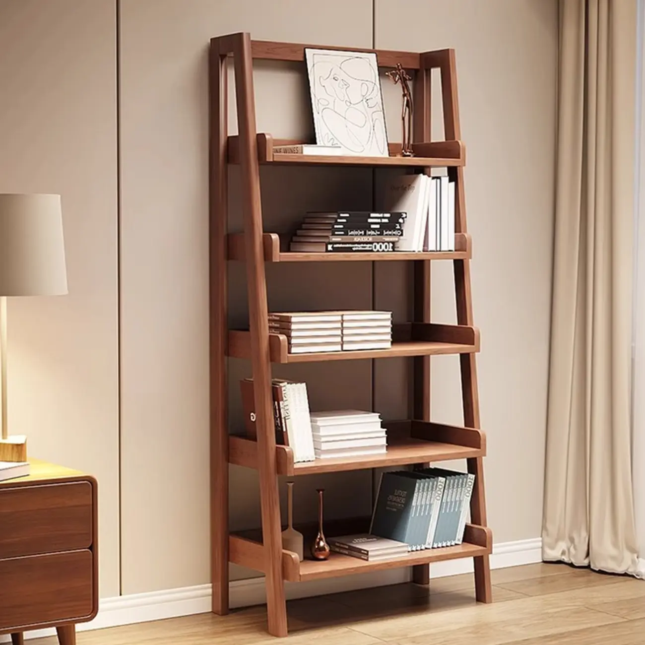 Mid-Century Modern Walnut Wood Multi-tier Ladder Bookshelves