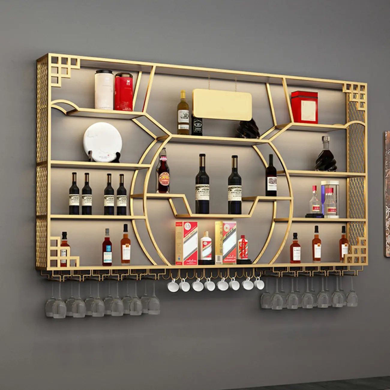 Multi-Shelf Gold Metal Wall-Mounted Wine & Glass Rack